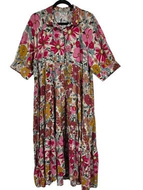 NATURAL LIFE Rebecca XL Pink, Mustard & Green Floral Midi Dress